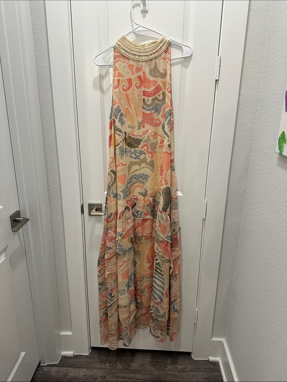 Verb from Anthropologie Halter Maxi Dress in Cream with Coral and Blue Pattern